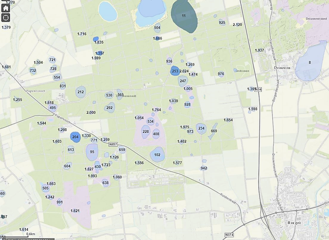 Veldwerkgebied, met de mogelijke pingoruïnes, de ingekleurde locaties zijn onderzocht. Zie voor meer informatie de interactieve kaart op deze site.